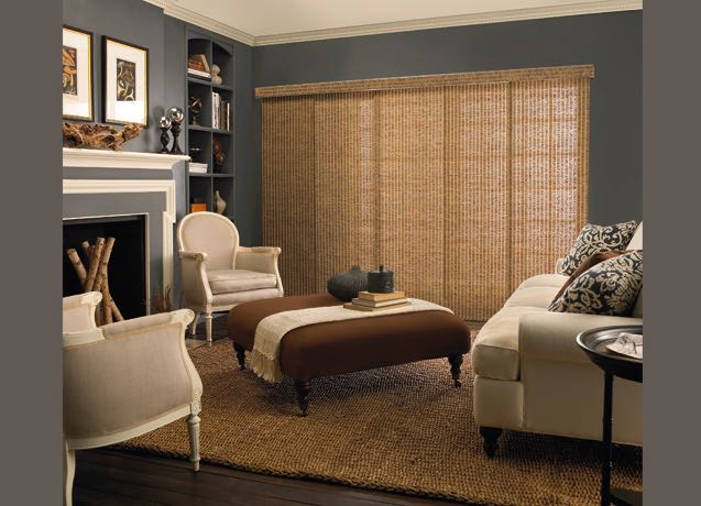 New York Living room with navy walls and textured sliding panel tracks.